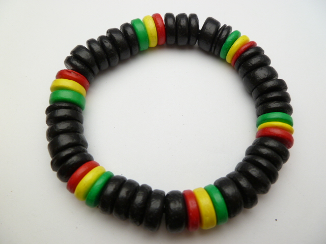 Black & Rasta Color 10mm Coconut Beads Stretchable Bracelet